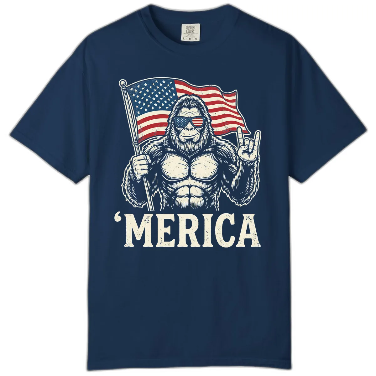 Patriotic Bigfoot 'Merica Flag Rock On Comfort Color in Navy