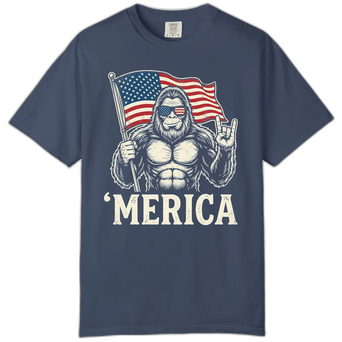 Patriotic Bigfoot 'Merica Flag Rock On Comfort Color in Midnight