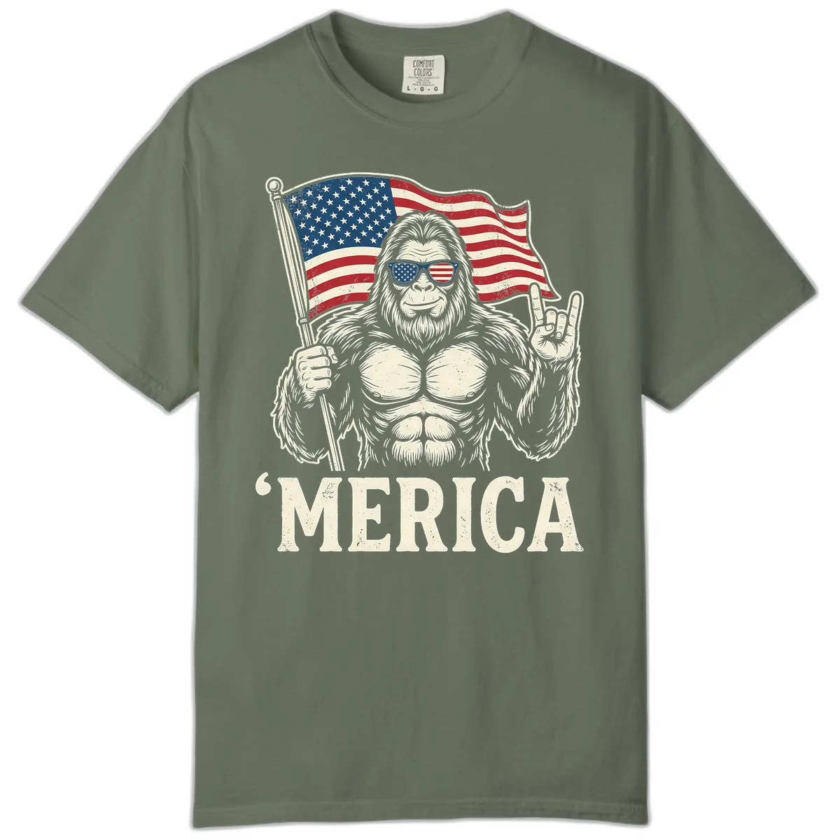 Patriotic Bigfoot 'Merica Flag Rock On Comfort Color in Moss