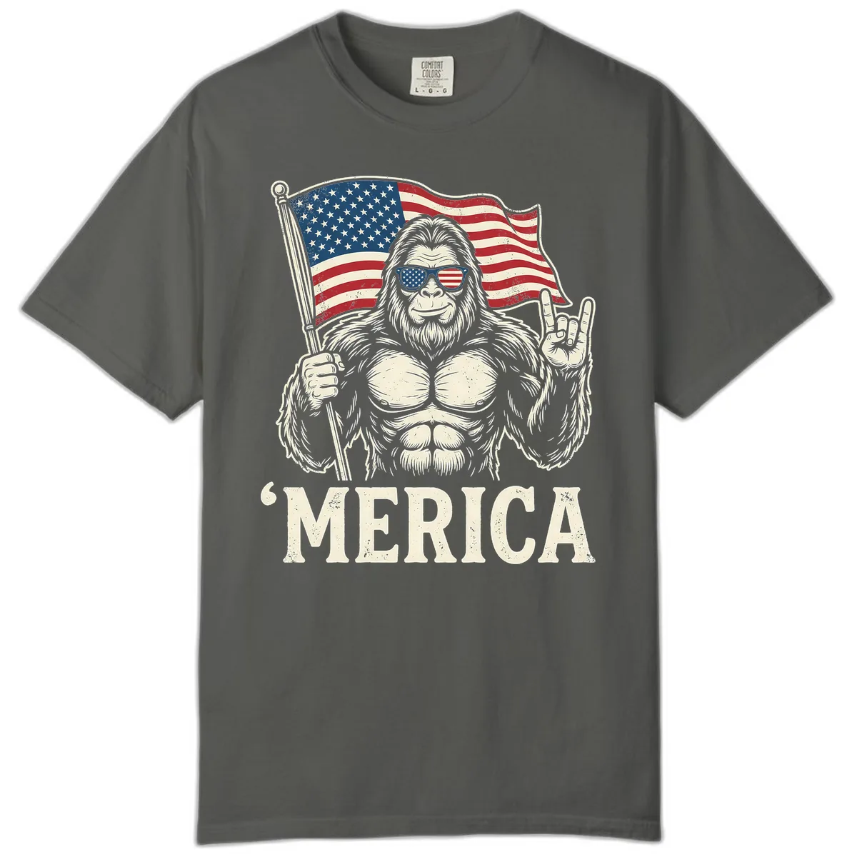 Patriotic Bigfoot 'Merica Flag Rock On Comfort Color in Pepper