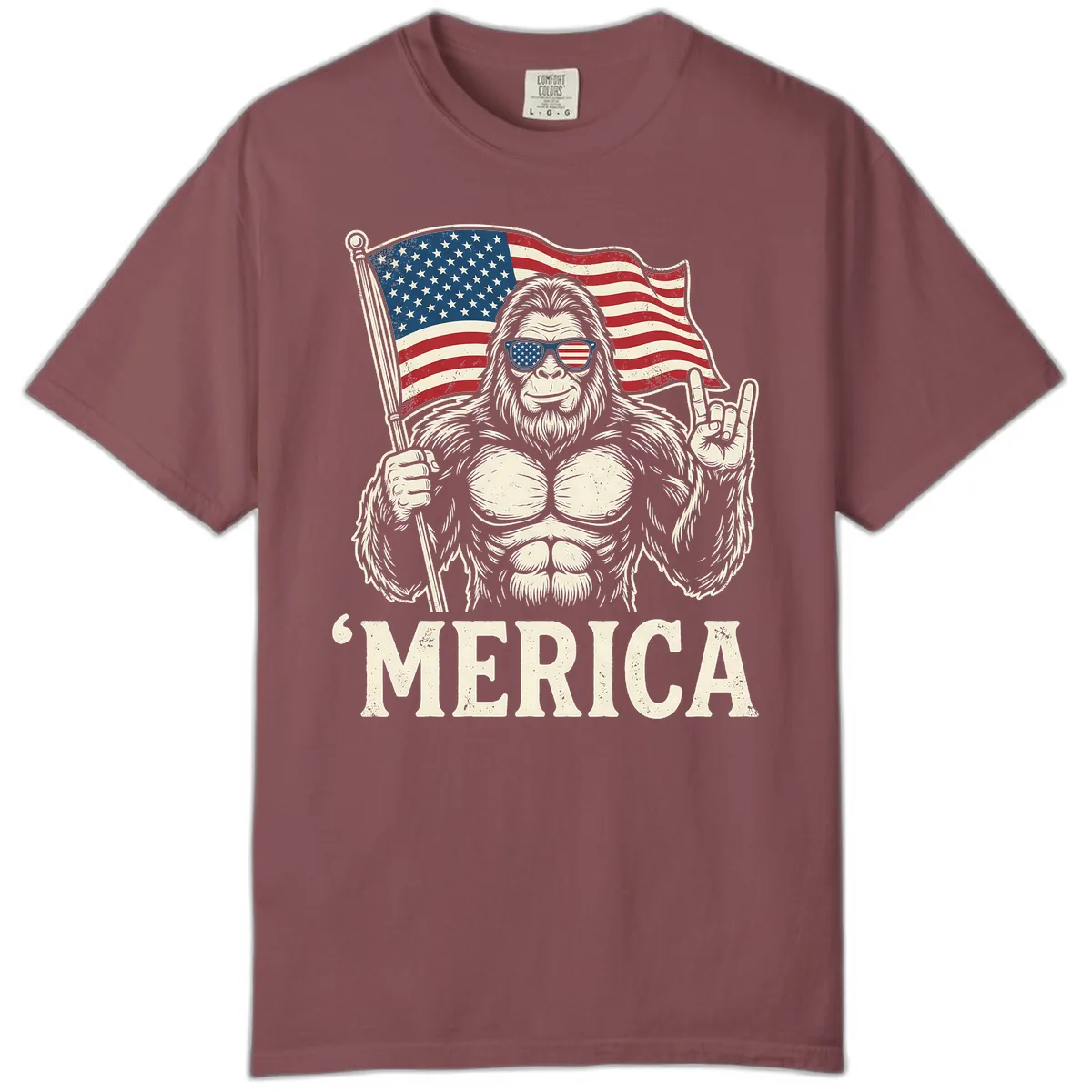 Patriotic Bigfoot 'Merica Flag Rock On Comfort Color in Brick