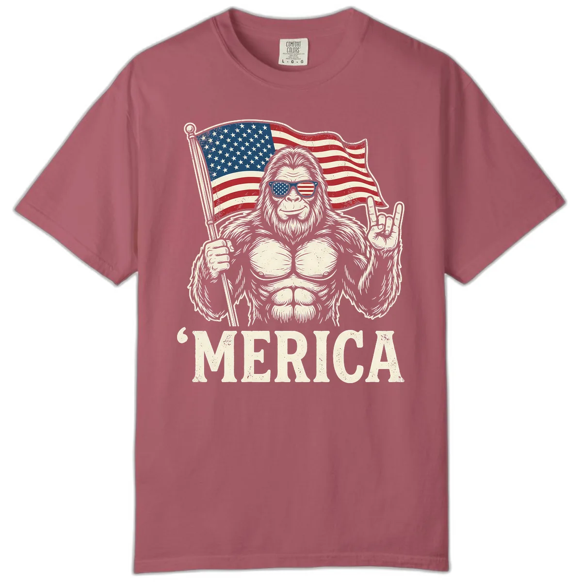 Patriotic Bigfoot 'Merica Flag Rock On Comfort Color in Crimson