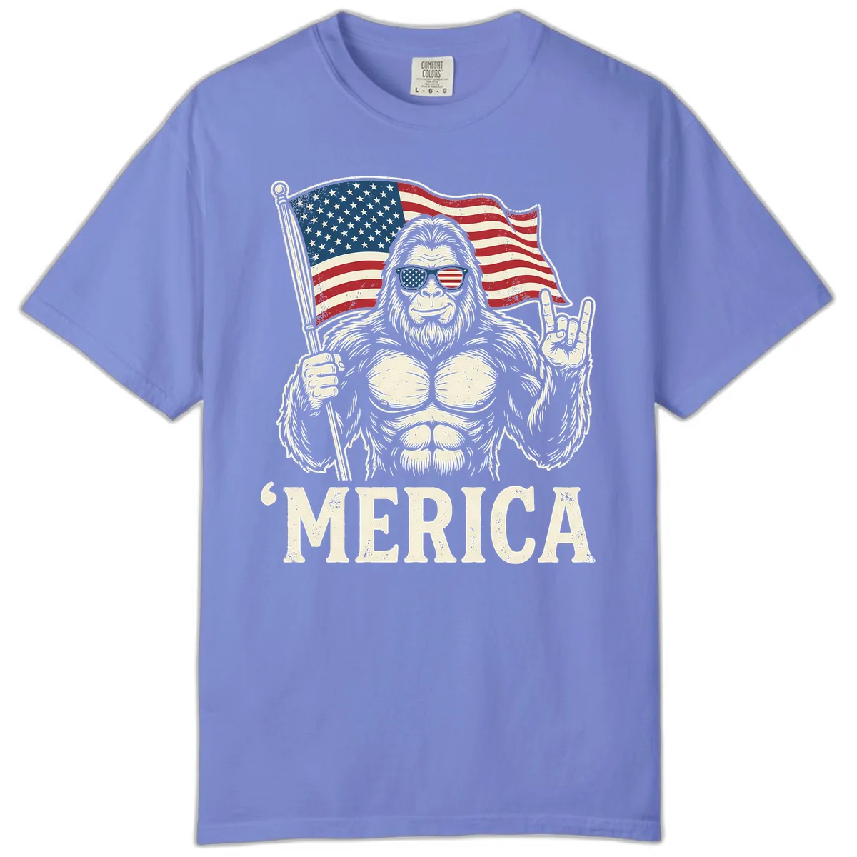 Patriotic Bigfoot 'Merica Flag Rock On Comfort Color in Flo Blue