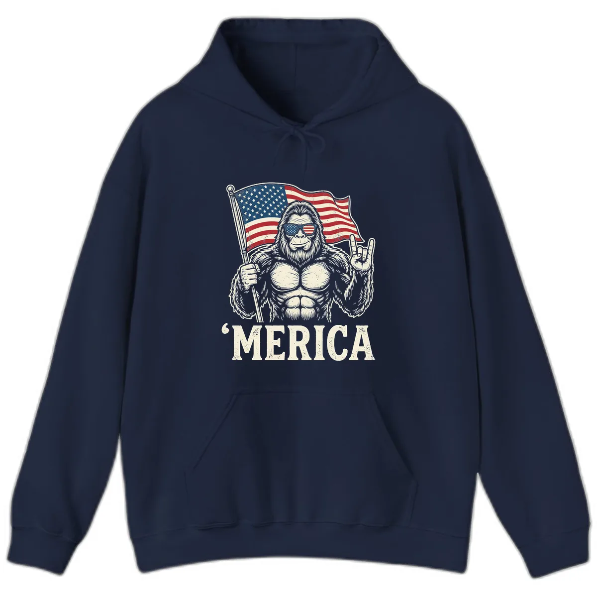 Patriotic Bigfoot 'Merica Flag Rock On Hoodie in Navy