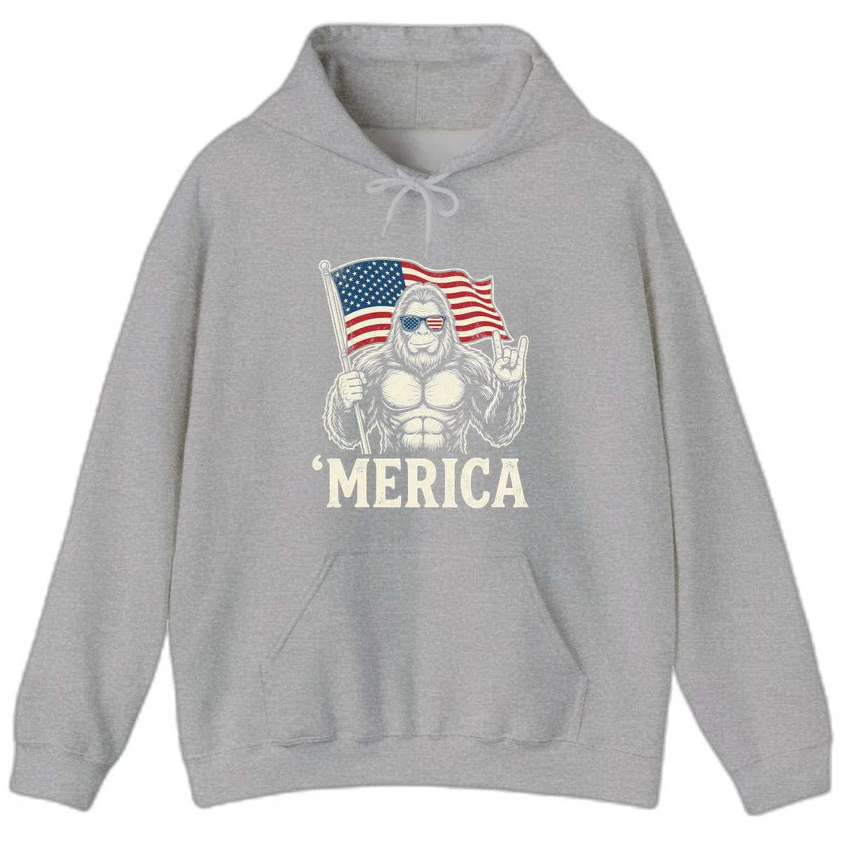 Patriotic Bigfoot 'Merica Flag Rock On Hoodie in Sport Grey