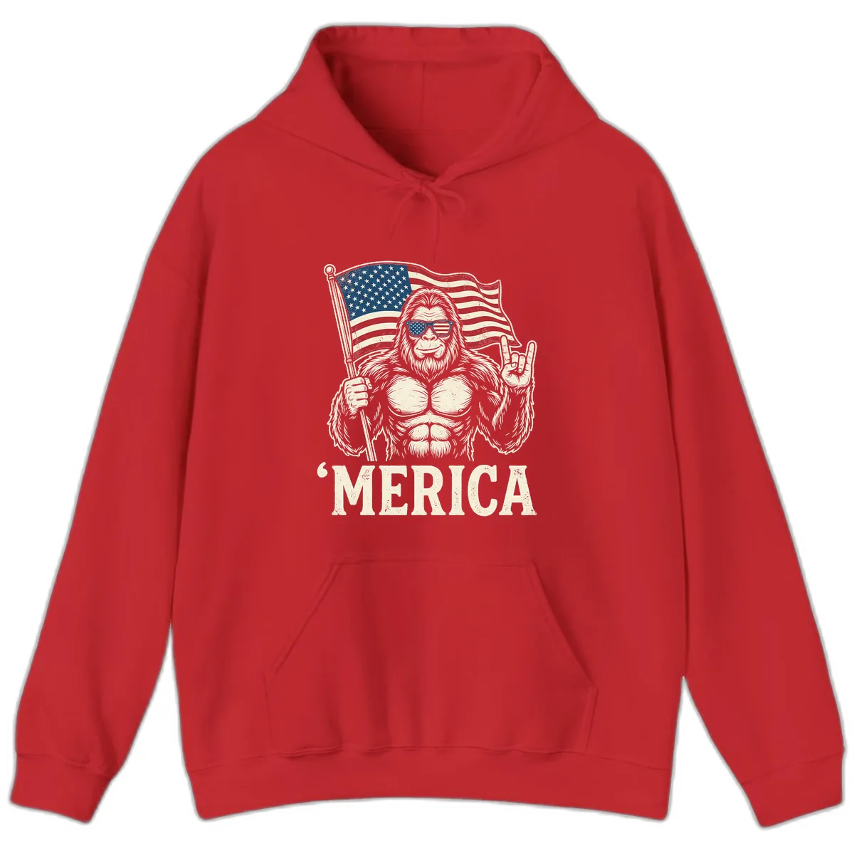 Patriotic Bigfoot 'Merica Flag Rock On Hoodie in Red