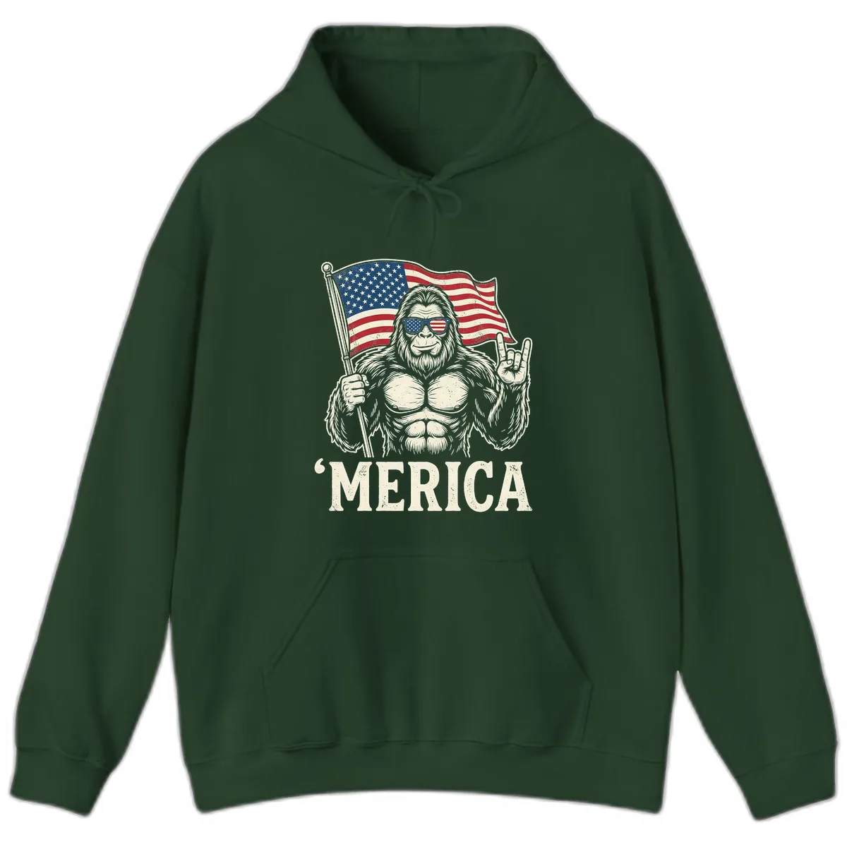 Patriotic Bigfoot 'Merica Flag Rock On Hoodie in Forest Green