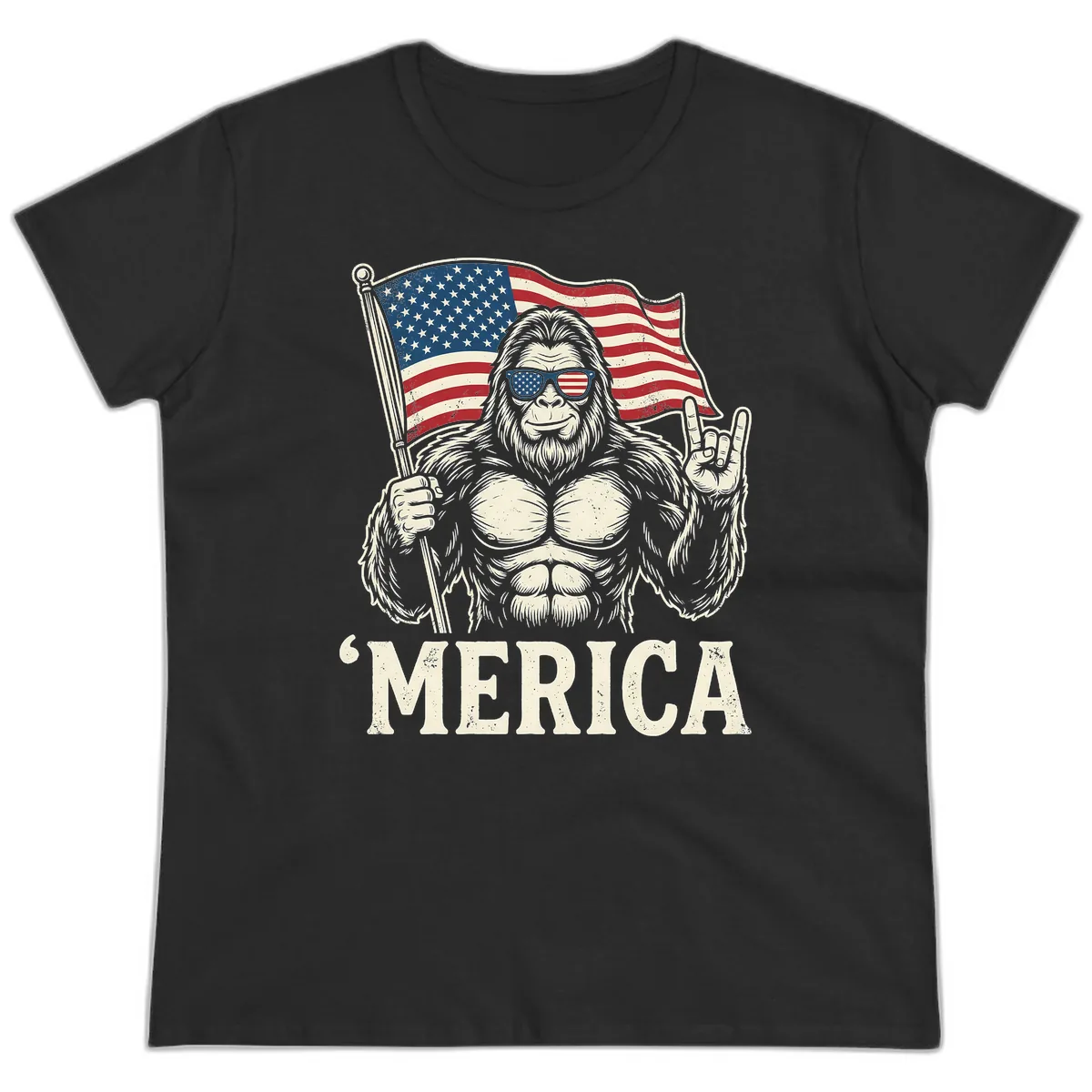 Patriotic Bigfoot 'Merica Flag Rock On Ladies Tee in Black