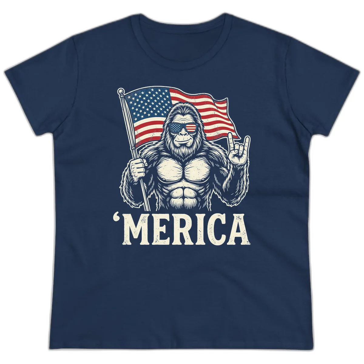 Patriotic Bigfoot 'Merica Flag Rock On Ladies Tee in Navy