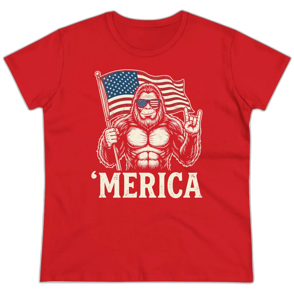 Patriotic Bigfoot 'Merica Flag Rock On Ladies Tee in Red