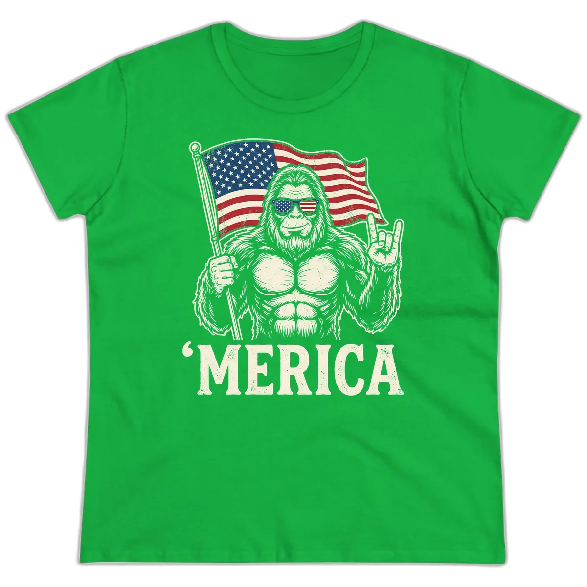Patriotic Bigfoot 'Merica Flag Rock On Ladies Tee in Irish Green