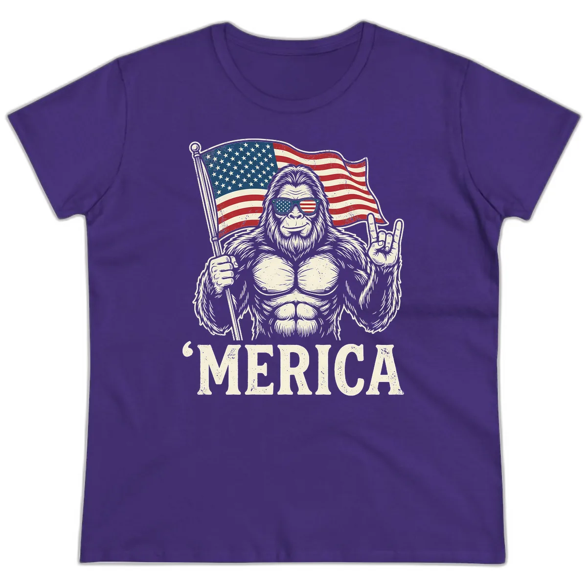 Patriotic Bigfoot 'Merica Flag Rock On Ladies Tee in Purple