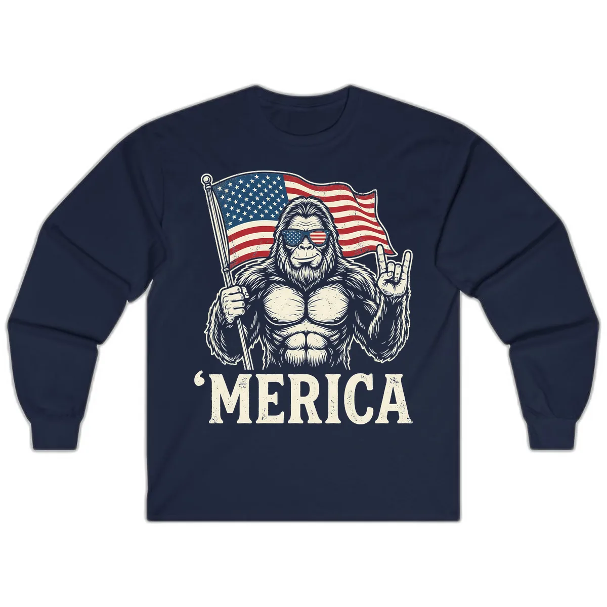 Patriotic Bigfoot 'Merica Flag Rock On Long Sleeve in Navy