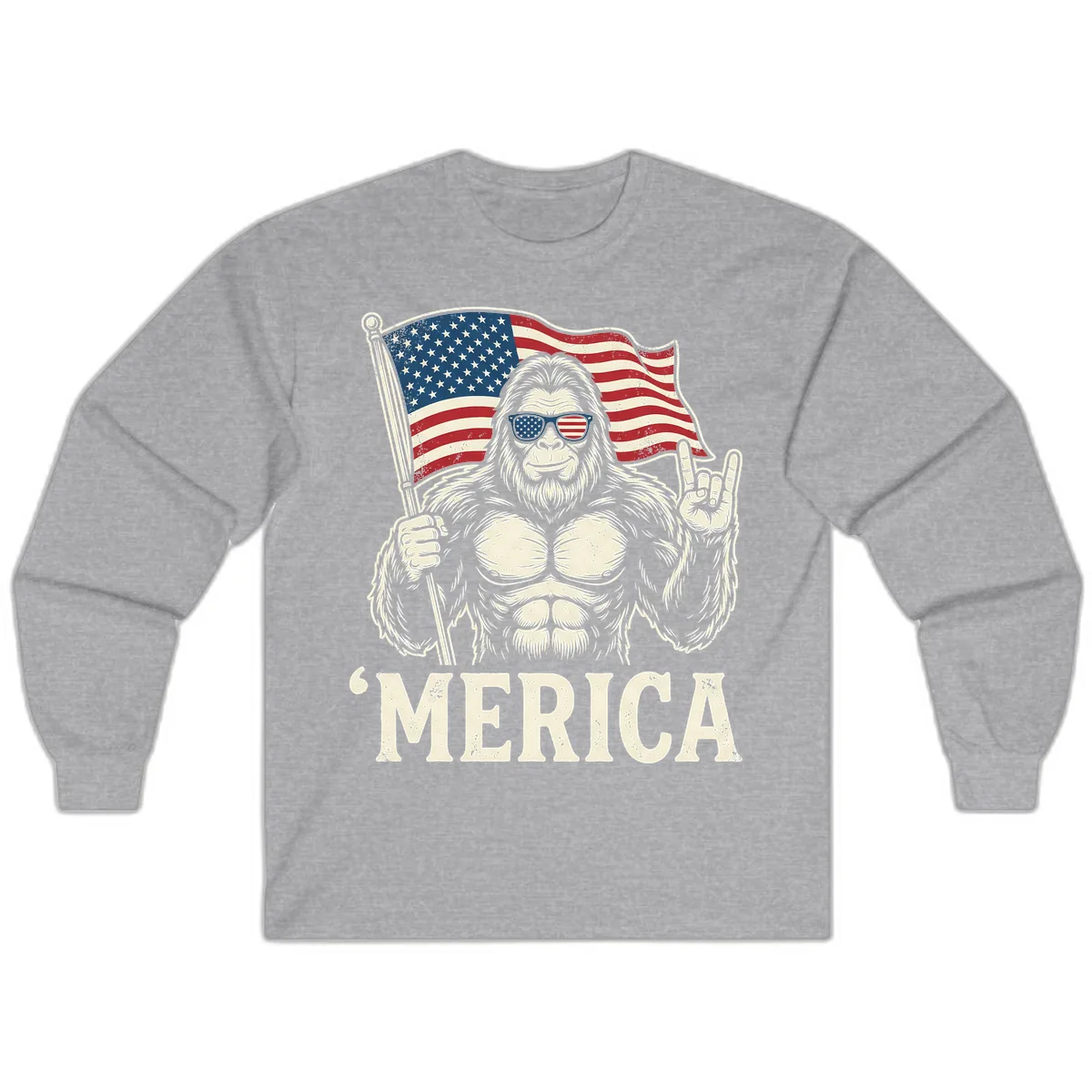 Patriotic Bigfoot 'Merica Flag Rock On Long Sleeve in Sport Grey