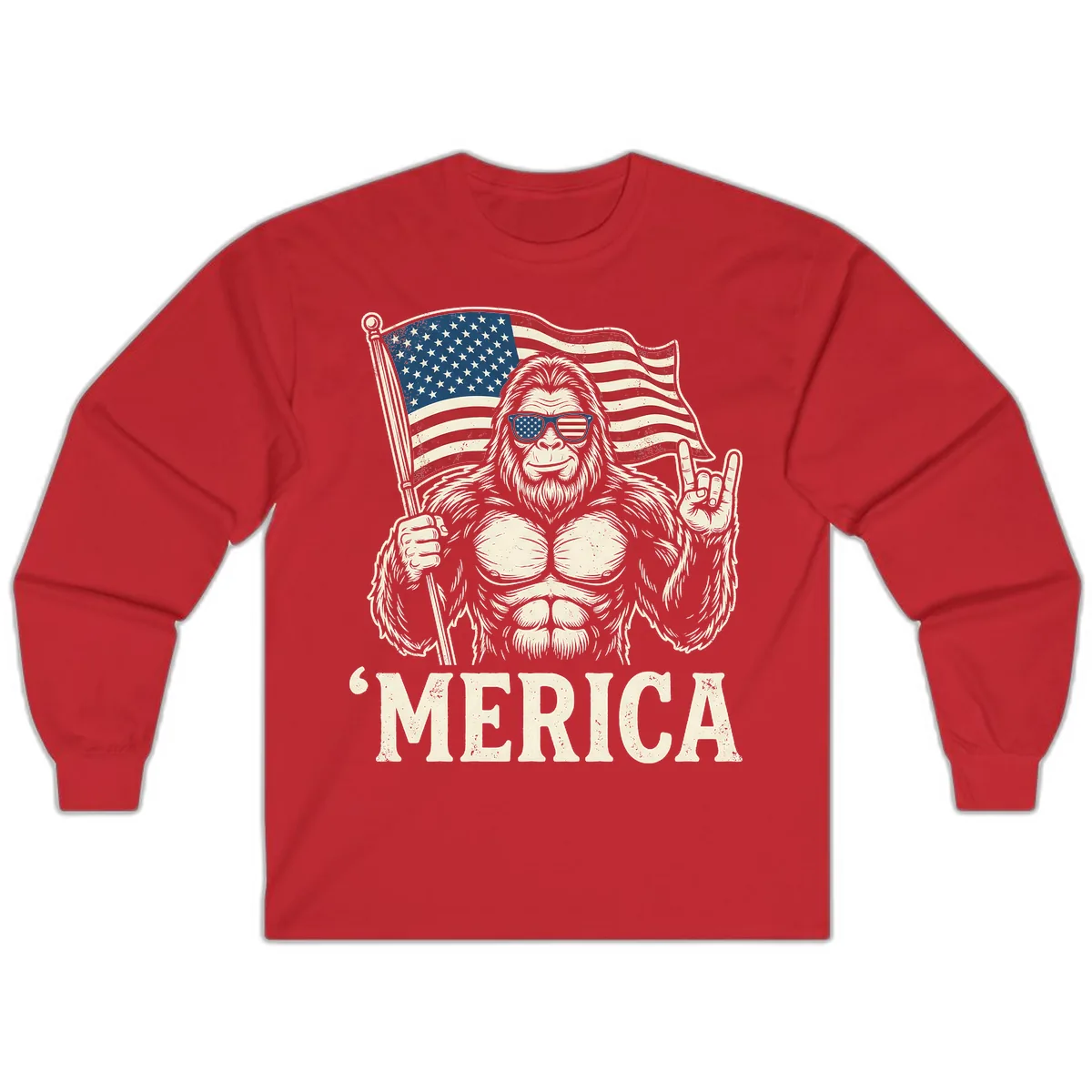 Patriotic Bigfoot 'Merica Flag Rock On Long Sleeve in Red
