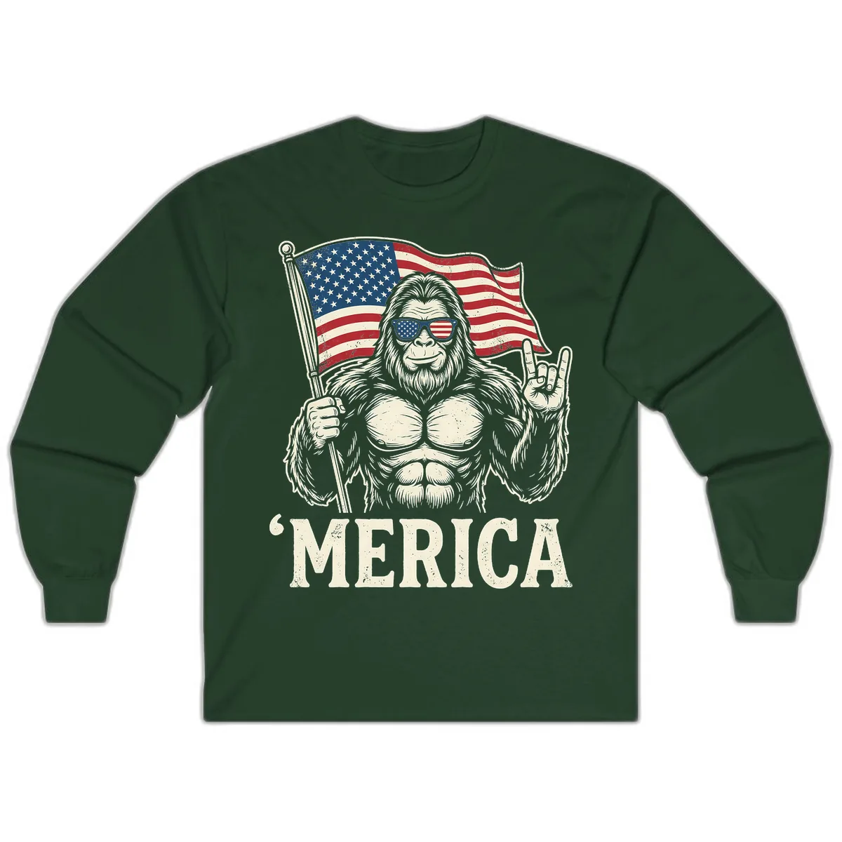 Patriotic Bigfoot 'Merica Flag Rock On Long Sleeve in Forest Green