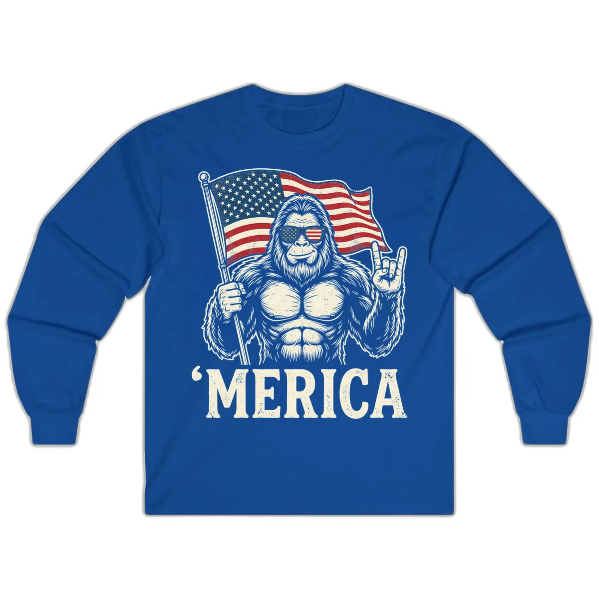 Patriotic Bigfoot 'Merica Flag Rock On Long Sleeve in Royal