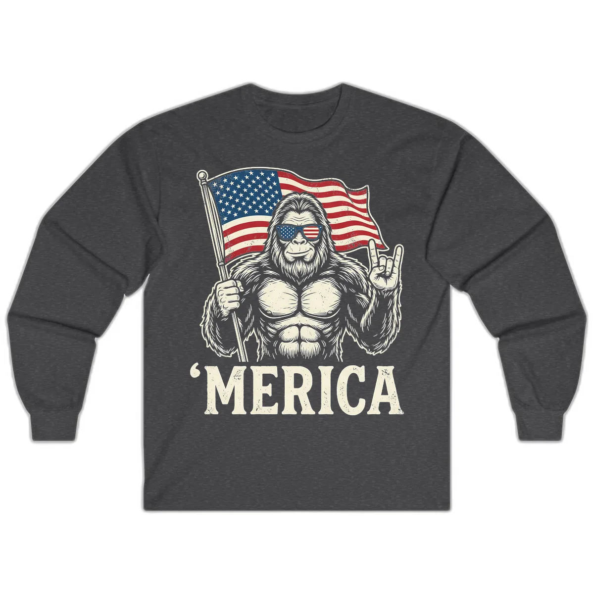 Patriotic Bigfoot 'Merica Flag Rock On Long Sleeve in Dark Heather