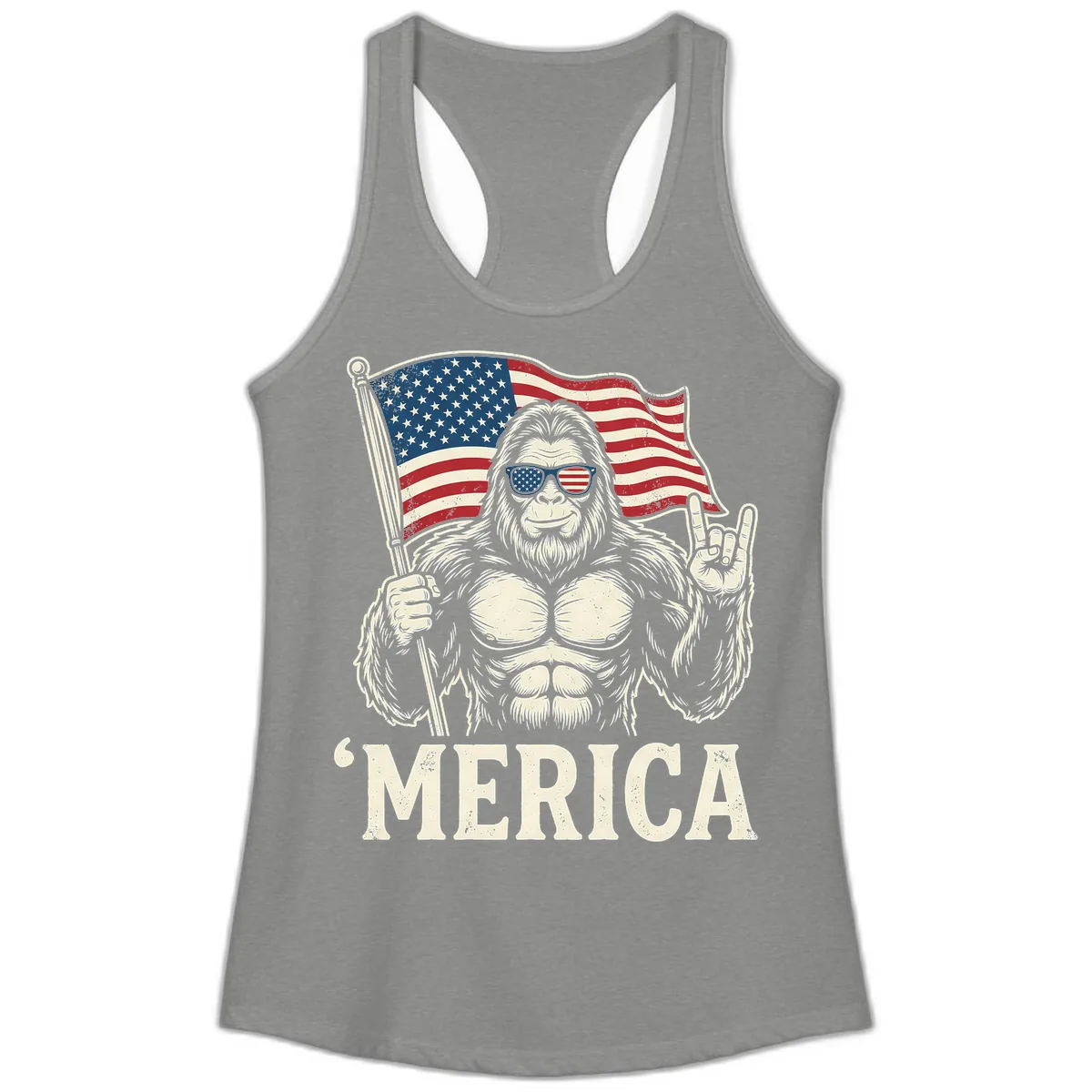 Patriotic Bigfoot 'Merica Flag Rock On Ladies Tank in Heather Grey