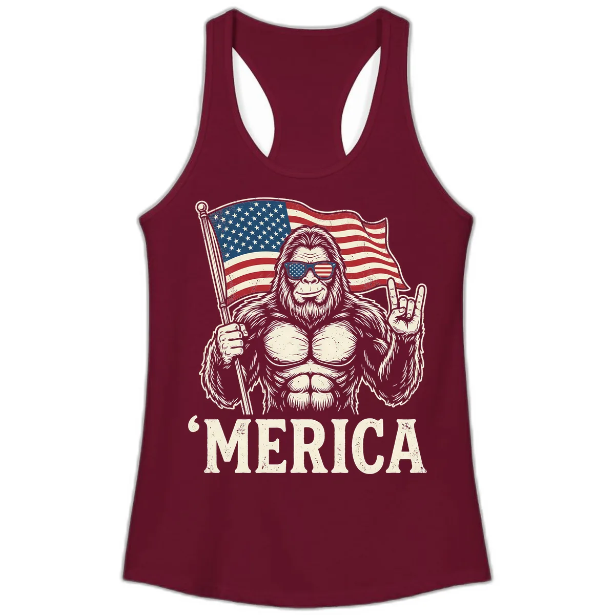 Patriotic Bigfoot 'Merica Flag Rock On Ladies Tank in Solid Cardinal Red