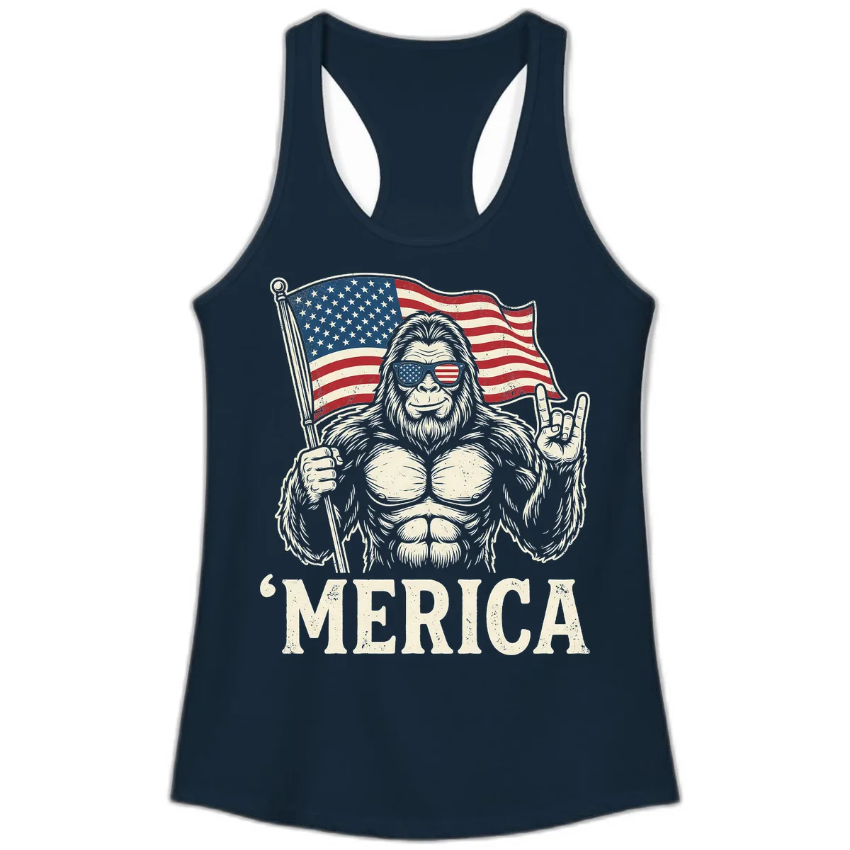 Patriotic Bigfoot 'Merica Flag Rock On Ladies Tank in Solid Midnight Navy