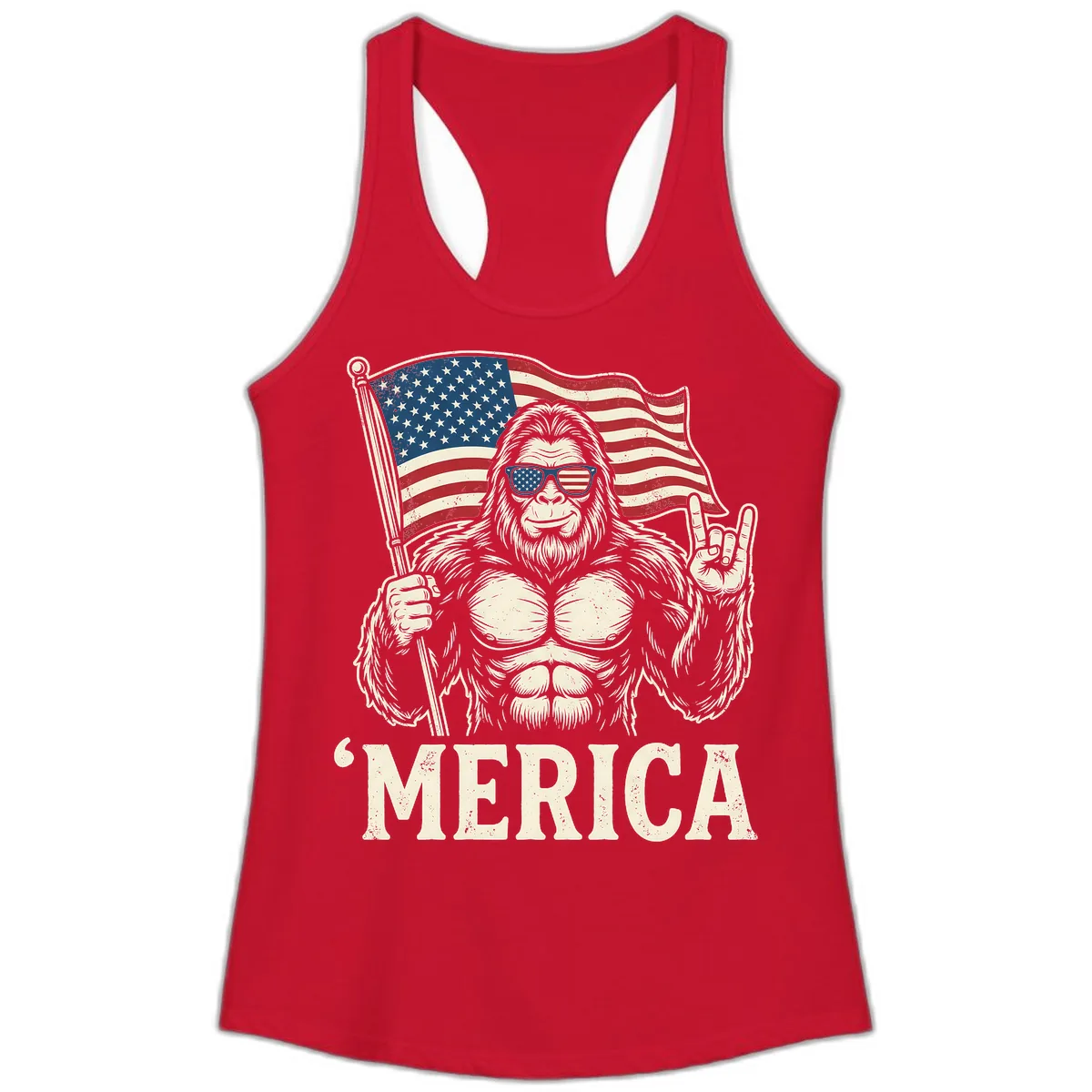 Patriotic Bigfoot 'Merica Flag Rock On Ladies Tank in Solid Red