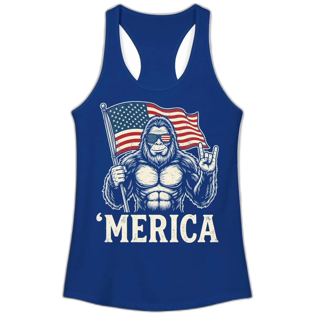 Patriotic Bigfoot 'Merica Flag Rock On Ladies Tank in Solid Royal