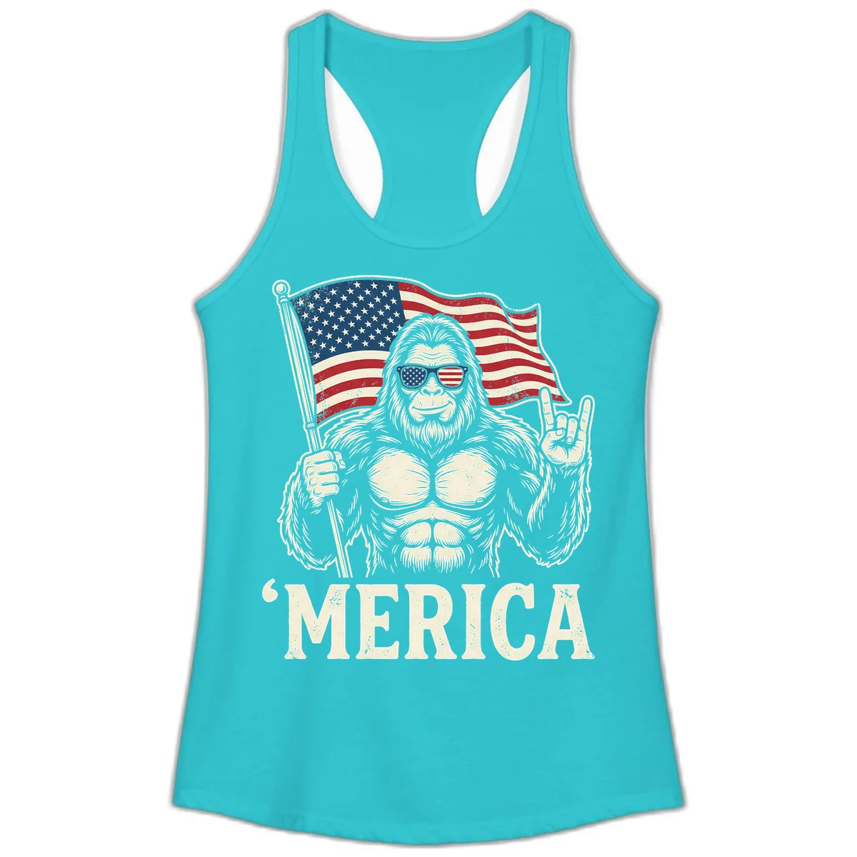 Patriotic Bigfoot 'Merica Flag Rock On Ladies Tank in Solid Tahiti Blue