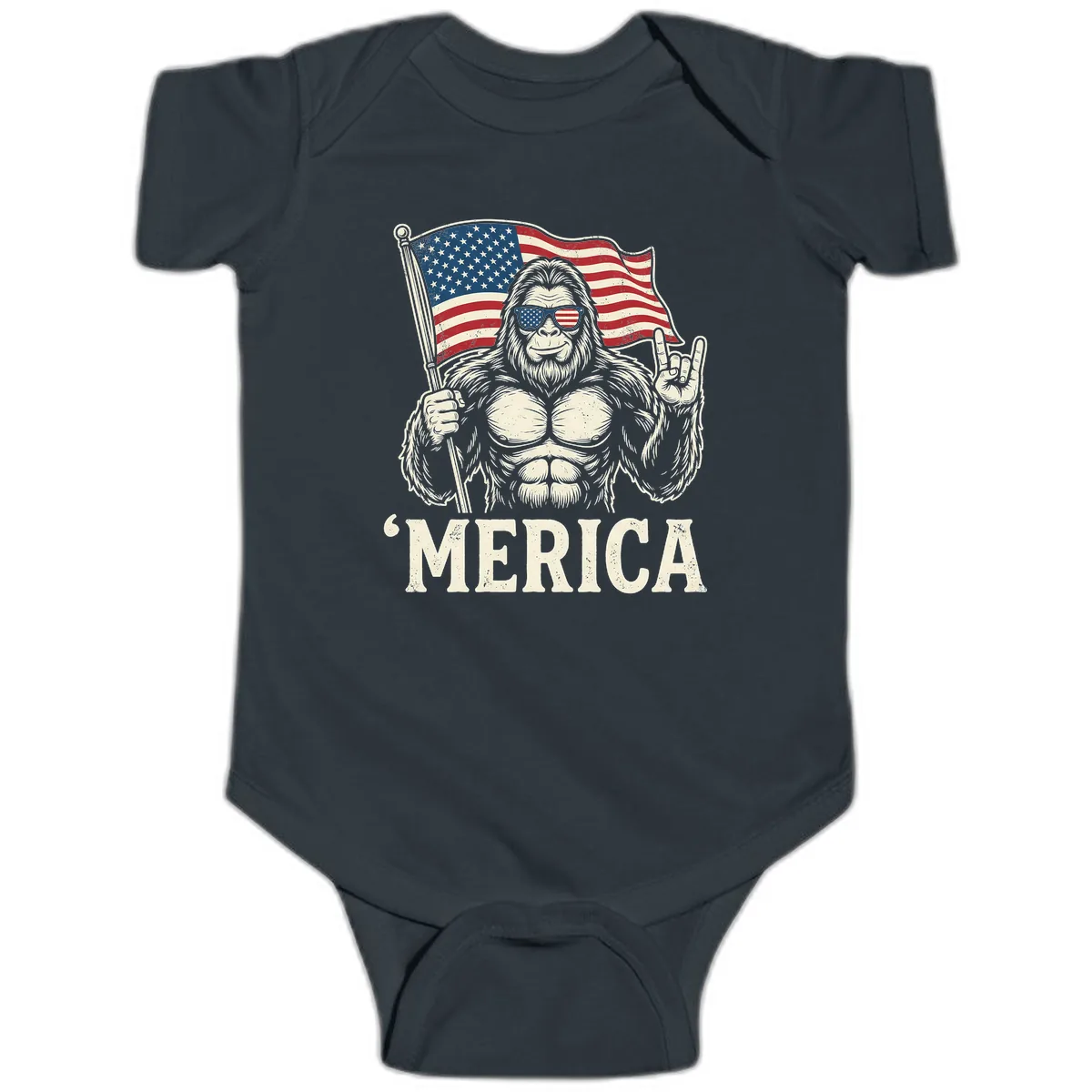 Patriotic Bigfoot 'Merica Flag Rock On Baby Onesie in Black