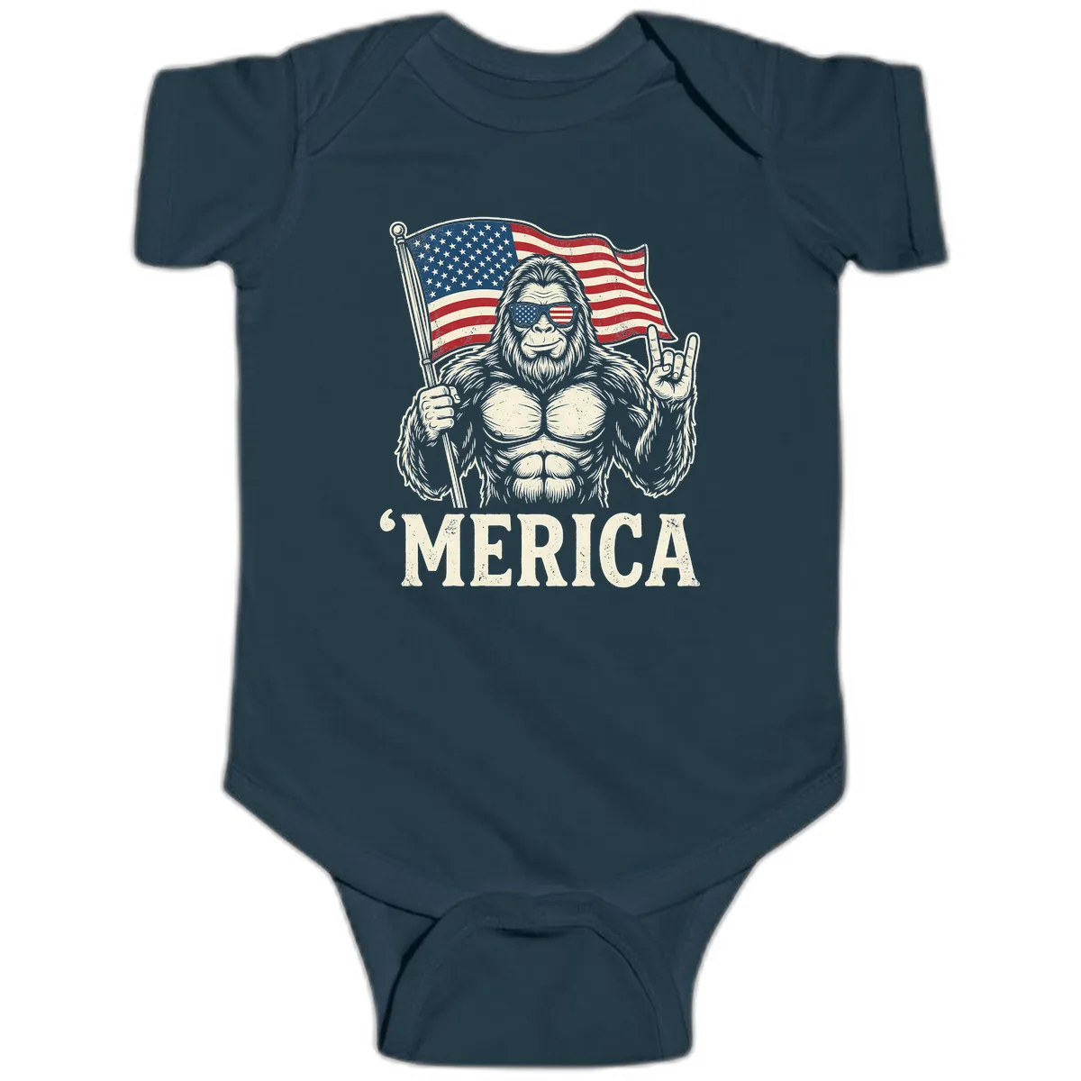 Patriotic Bigfoot 'Merica Flag Rock On Baby Onesie in Navy