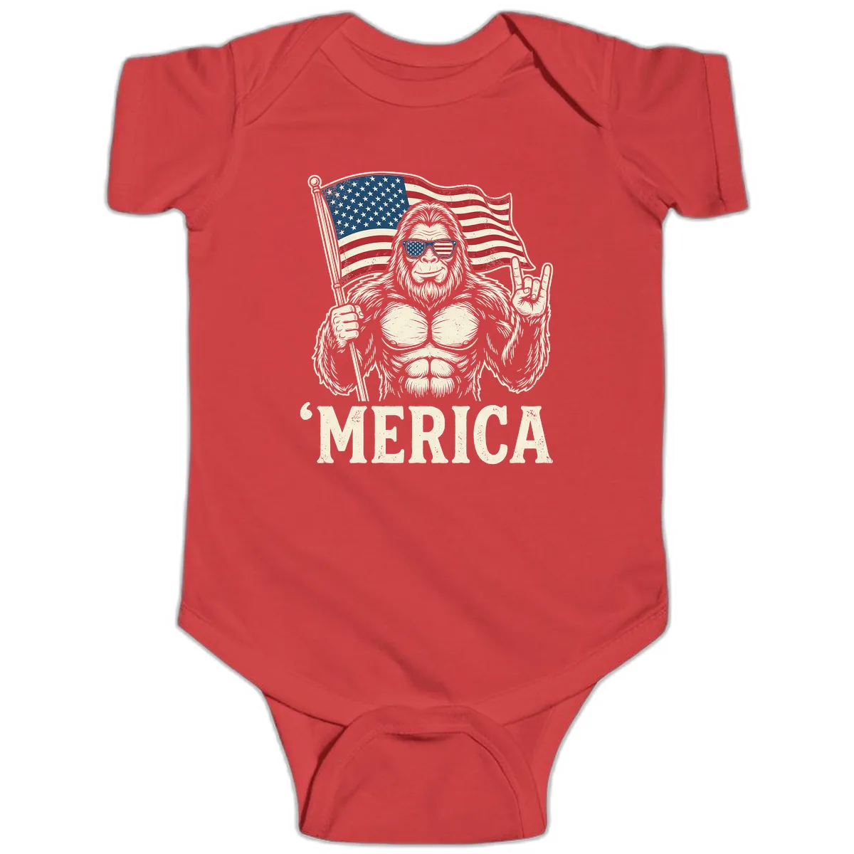 Patriotic Bigfoot 'Merica Flag Rock On Baby Onesie in Red