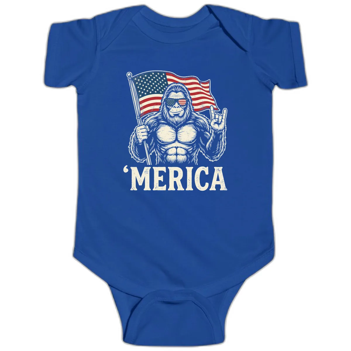 Patriotic Bigfoot 'Merica Flag Rock On Baby Onesie in Royal