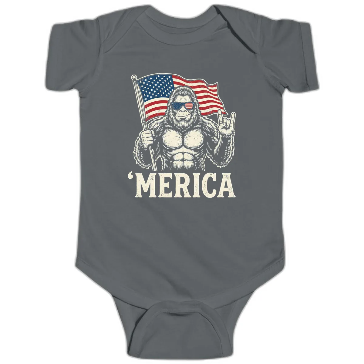 Patriotic Bigfoot 'Merica Flag Rock On Baby Onesie in Charcoal