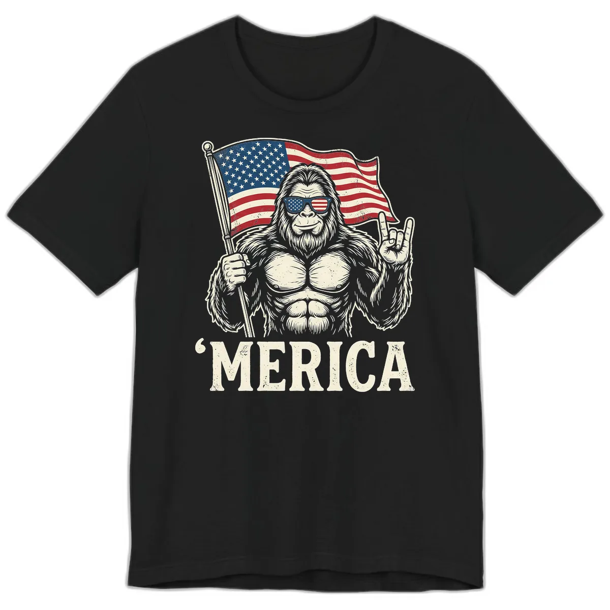 Patriotic Bigfoot 'Merica Flag Rock On Premium T-Shirt in Black