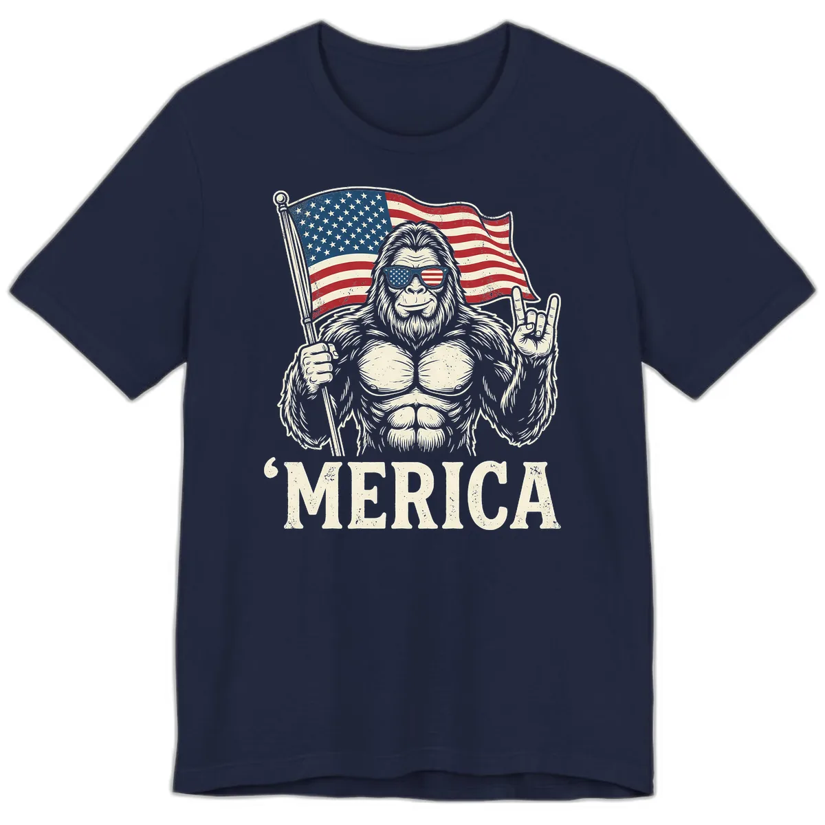 Patriotic Bigfoot 'Merica Flag Rock On Premium T-Shirt in Navy