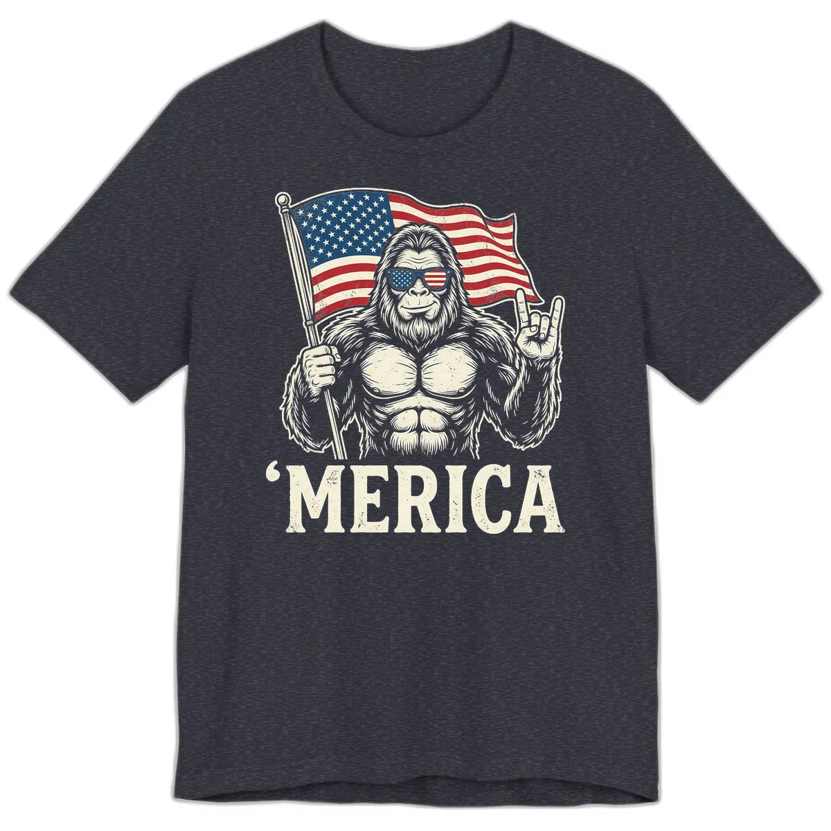 Patriotic Bigfoot 'Merica Flag Rock On Premium T-Shirt in Heather Navy