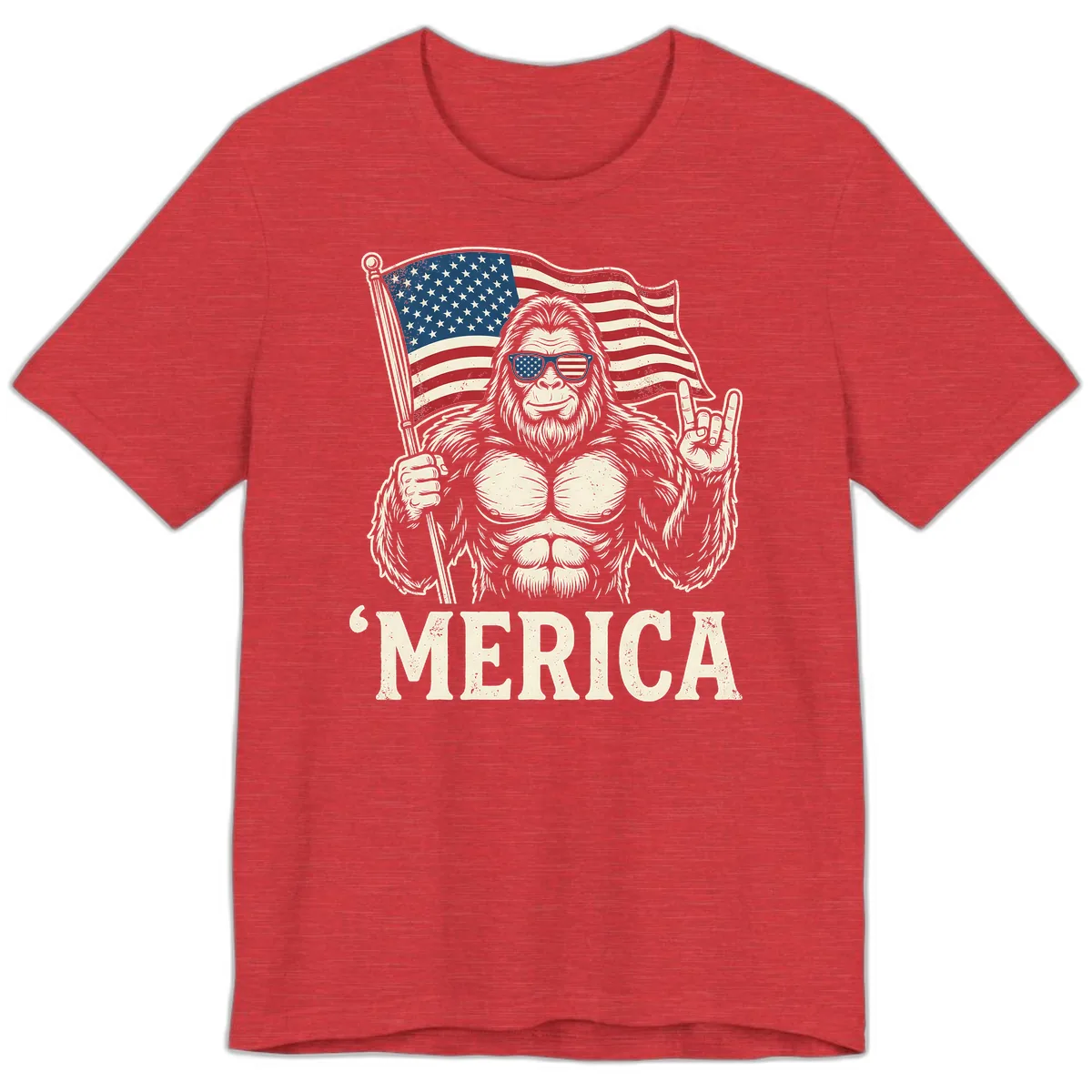 Patriotic Bigfoot 'Merica Flag Rock On Premium T-Shirt in Heather Red