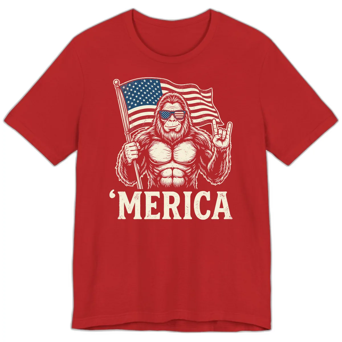 Patriotic Bigfoot 'Merica Flag Rock On Premium T-Shirt in Red