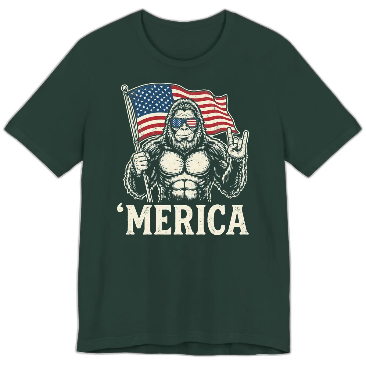 Patriotic Bigfoot 'Merica Flag Rock On Premium T-Shirt in Forest