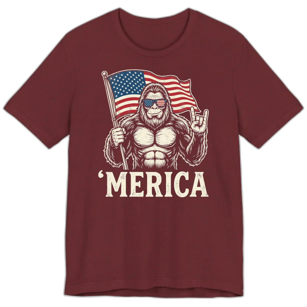 Patriotic Bigfoot 'Merica Flag Rock On Premium T-Shirt in Heather Cardinal