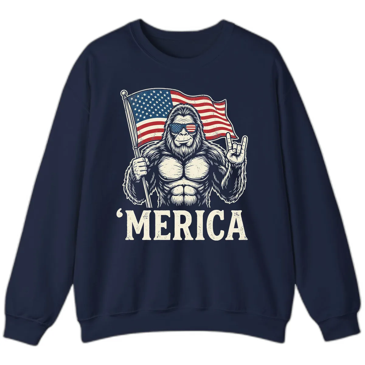 Patriotic Bigfoot 'Merica Flag Rock On Sweatshirt in Navy