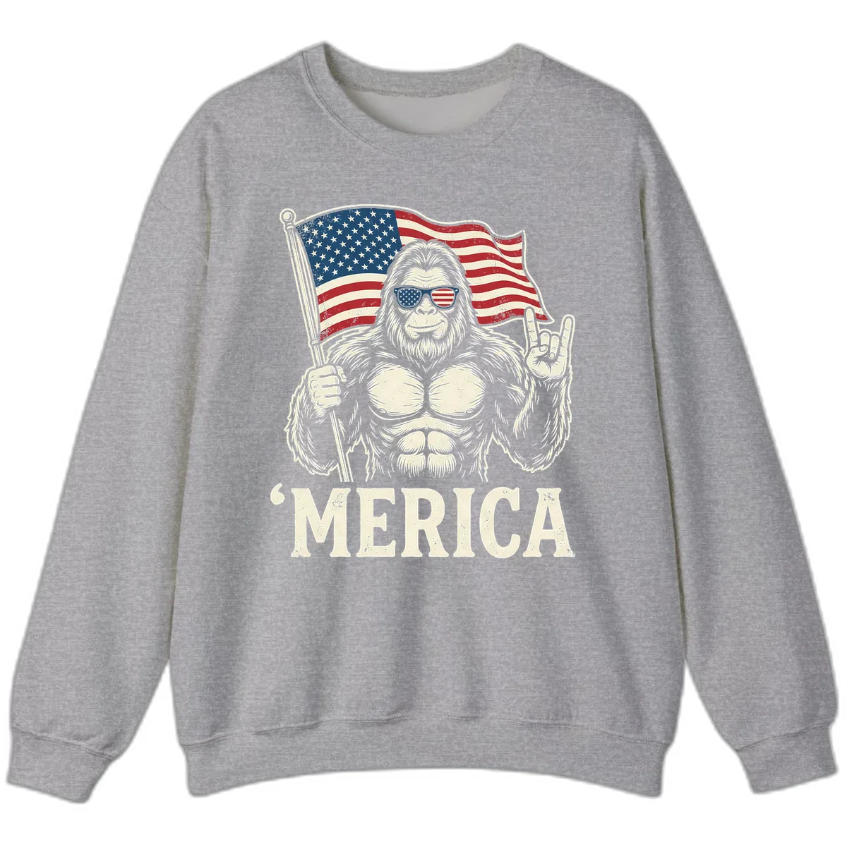 Patriotic Bigfoot 'Merica Flag Rock On Sweatshirt in Sport Grey