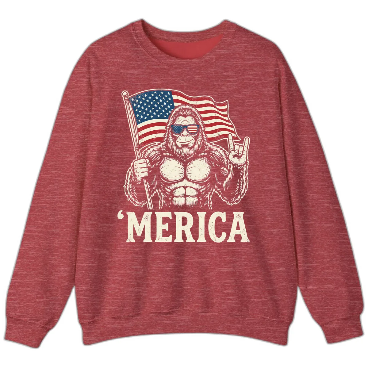 Patriotic Bigfoot 'Merica Flag Rock On Sweatshirt in Heather Scarlet Red