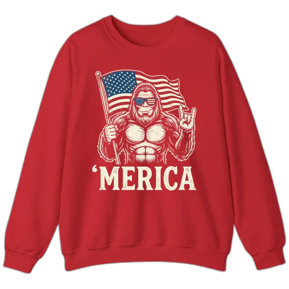 Patriotic Bigfoot 'Merica Flag Rock On Sweatshirt in Red