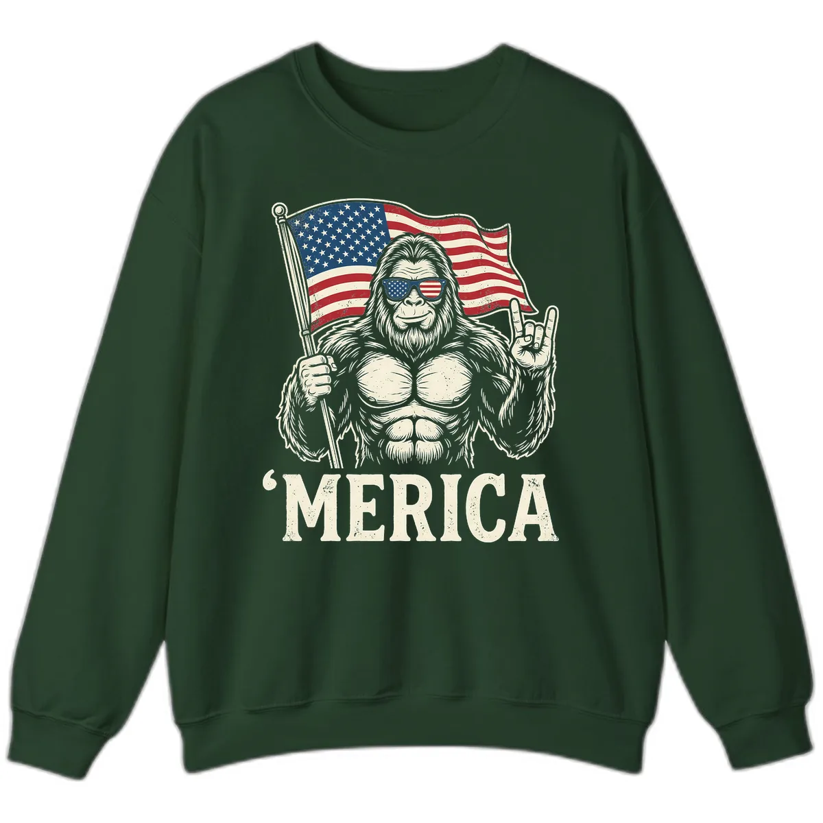 Patriotic Bigfoot 'Merica Flag Rock On Sweatshirt in Forest Green