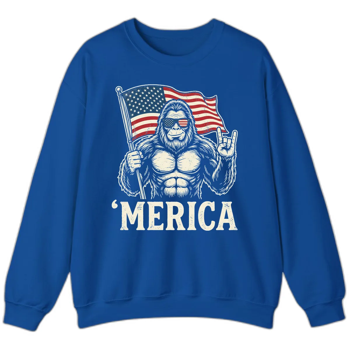 Patriotic Bigfoot 'Merica Flag Rock On Sweatshirt in Royal