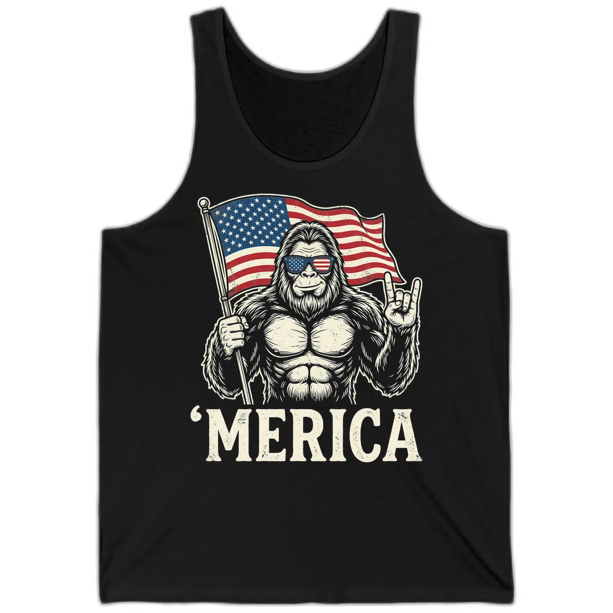 Patriotic Bigfoot 'Merica Flag Rock On Tank in Black