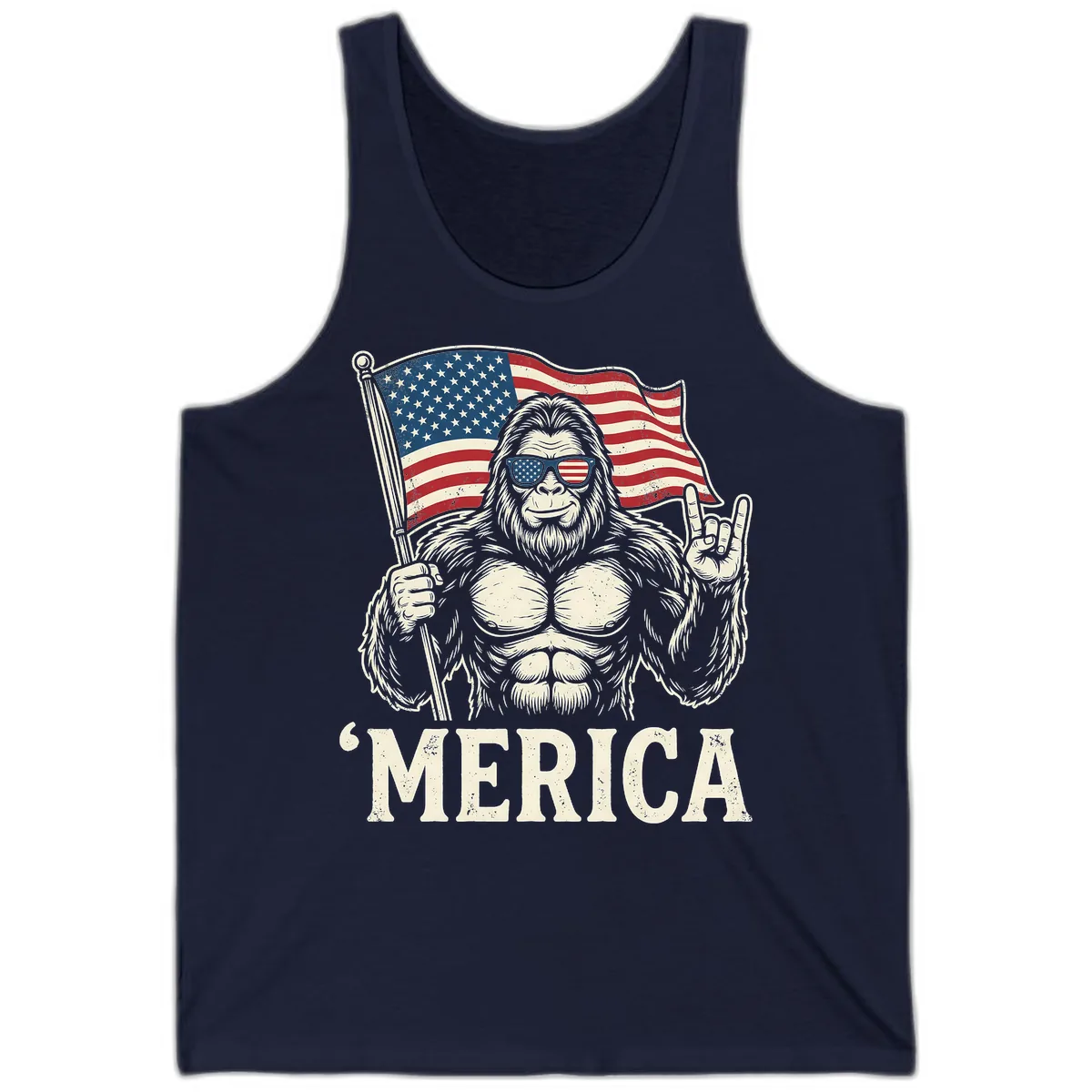 Patriotic Bigfoot 'Merica Flag Rock On Tank in Navy