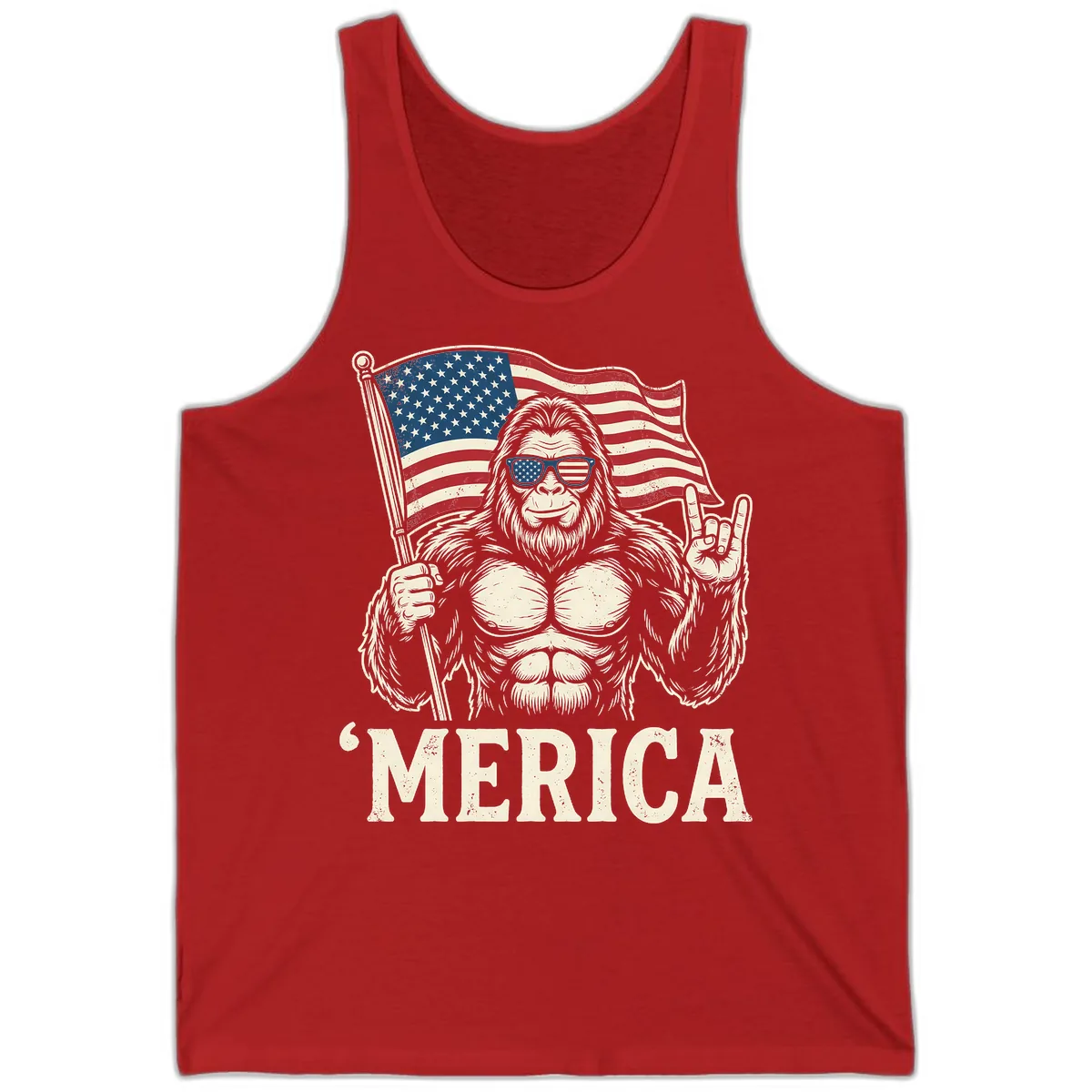 Patriotic Bigfoot 'Merica Flag Rock On Tank in Red