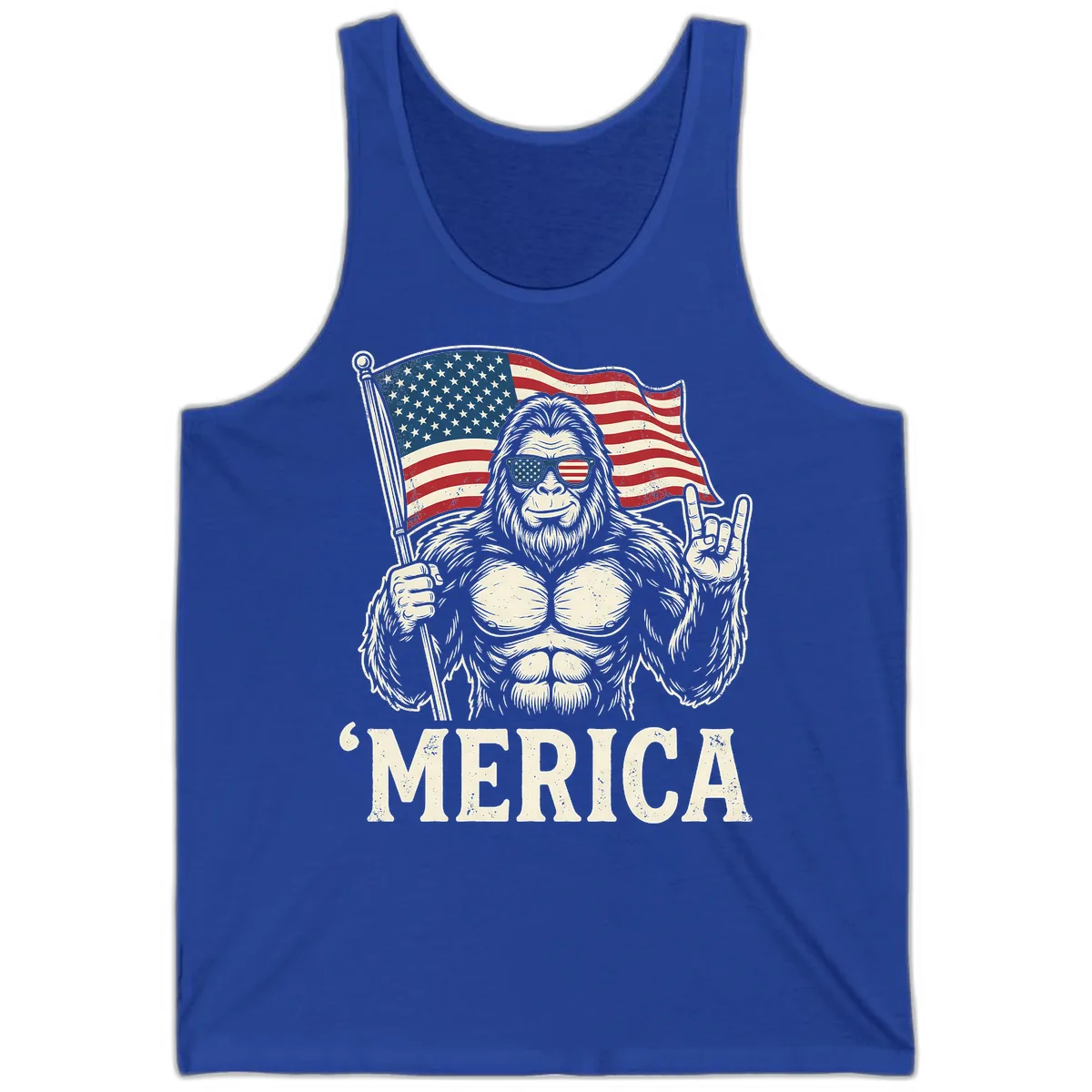 Patriotic Bigfoot 'Merica Flag Rock On Tank in True Royal